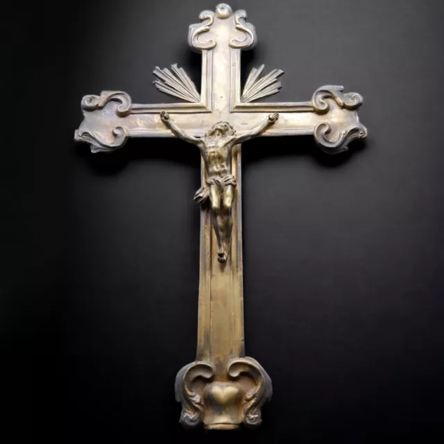 Xl Antico Crocifisso Puntale Ottone Dorato Croce Chiesa 1700 Sec Xviii Arte Sacr