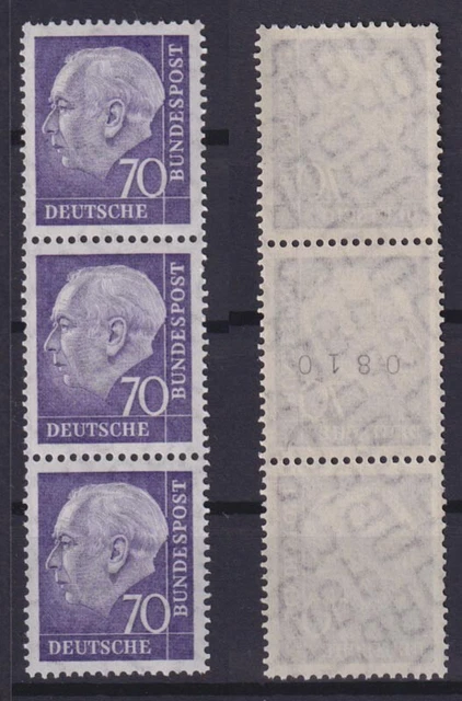 Bund 263xv Heuss 70 Pf gerade Nr. 0810 3er Streifen gepr. Schmidl postfrisch