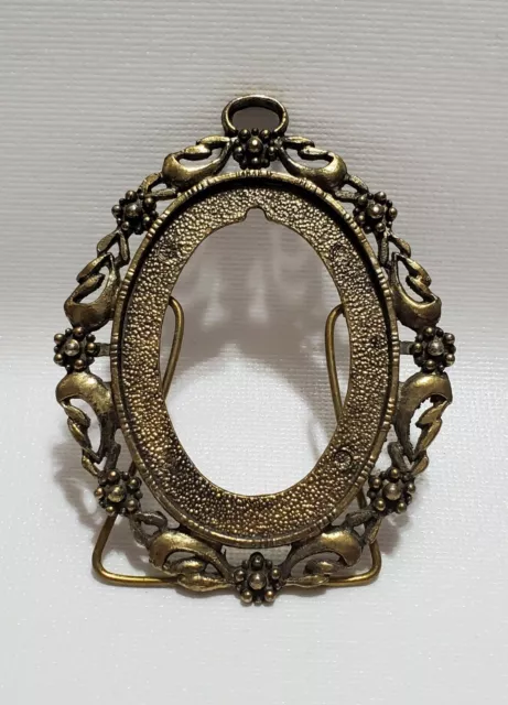 Vintage Mini Brass Photo Frame, Free-Standing, 3.5" Oval, Ornate Floral Border