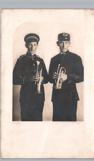 MARCHING BAND TRUMPET PLAYERS real photo postcard rppc parade music uniform