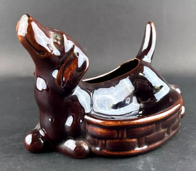 Vintage Ceramic Dachshund Wiener Dog Planter Trinket Holder Brown Glaze 8"x6"