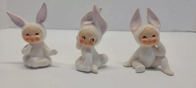 3 Vintage Ceramic Lefton Sugar Snow Baby Bunny Rabbit Figurines Pixie Bunnies