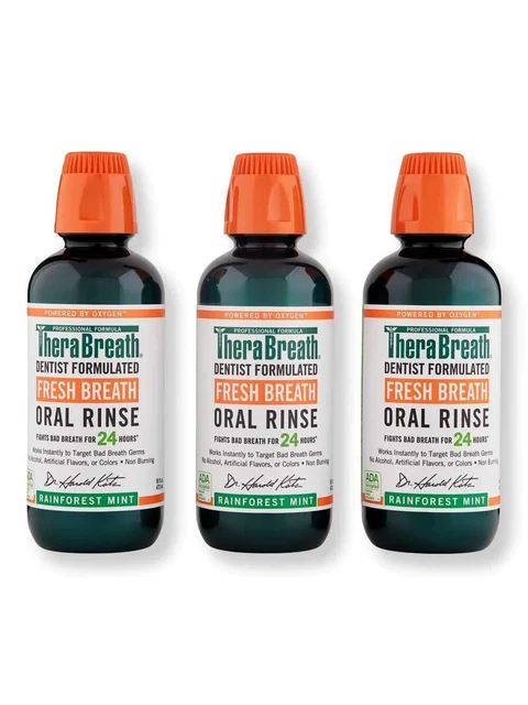 Lot of (3) TheraBreath Fresh Breath Oral Rinse, Rainforest Mint, 16 oz each