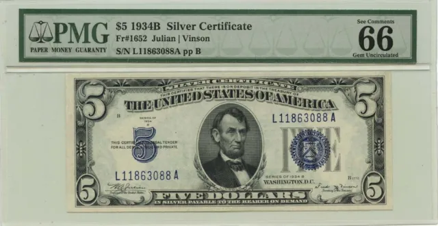 1934B $5 Silver Certificate Blue Fr# 1652 PMG Gem 66EPQ