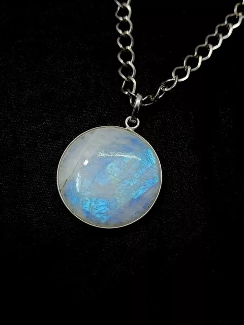 Natural Rainbow Moonstone Round Pendant 925 Silver Statement Circle Pendant