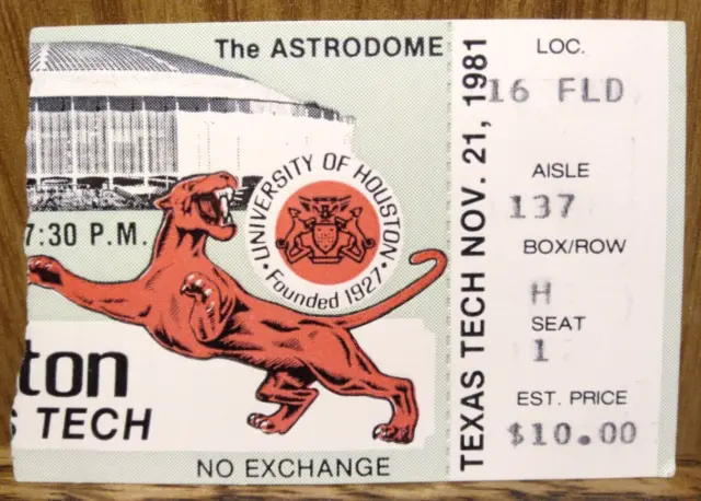 Houston Cougars Football vs. Texas Tech Red Raiders 11-21-1981 Used Ticket Stub