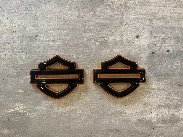 Harley Davidson CVO Style Fuel Tank badges metal, not plastic! Black with Orange