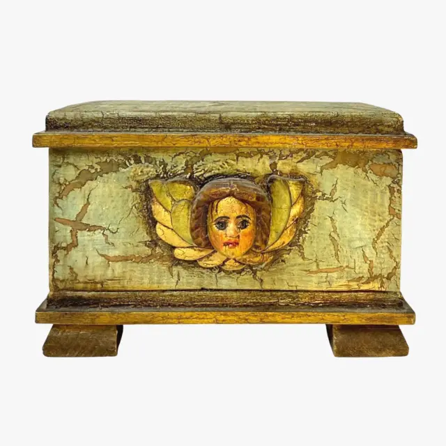 Vintage Mexican Handmade Solid Wood Distressed Trinket Box Angel Decoration