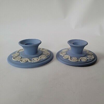 Wedgwood Jasperware Blue Candlestick Pair Made In England Vintage