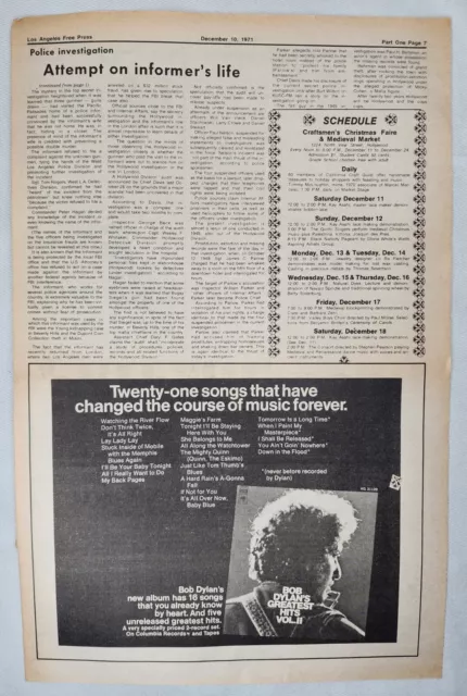 Vintage Bob Dylan Pete Seeger Blood Sweat & Tears 1971 Ad LA FREE PRESS 2