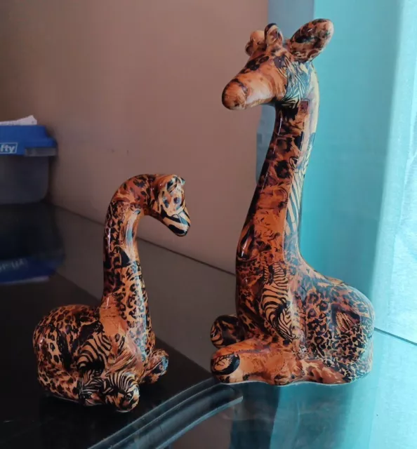 La Vie GIRAFFE Figurines Mom & Baby Safari Patchwork Print Ceramic 1980s.