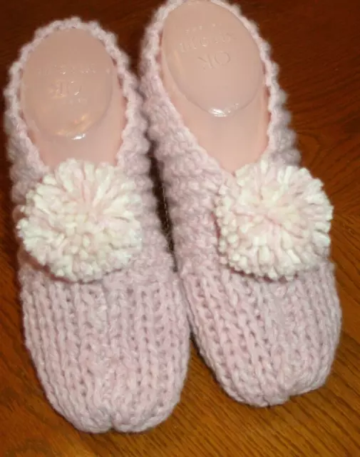 HAND KNITTED WOMAN  LADY SLIPPERS  SIZE MEDIUM  7- 9 WOOL EASE  w/POM POMS ~ NEW