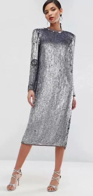 New Asos Red Carpet Iridescent All Over Sequin Shoulder Pad Midi Dress 4 3