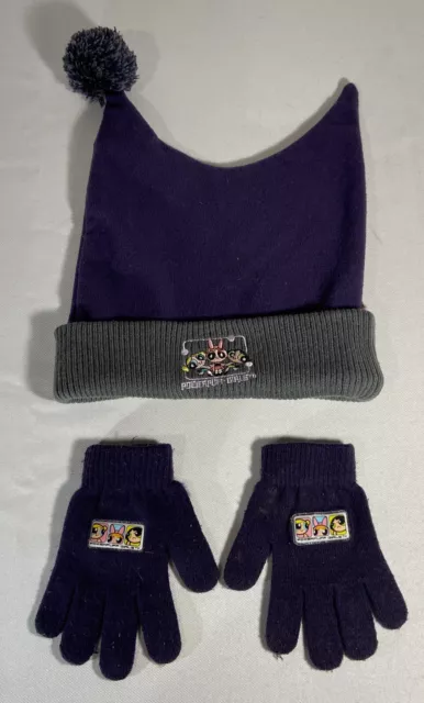 POWERPUFF GIRLS Purple Knit Winter Pom Beanie Hat & Gloves Girls