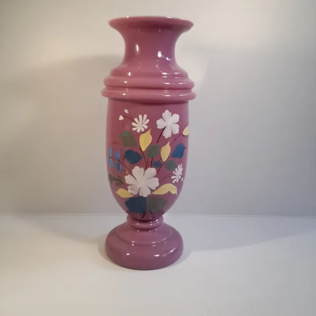 1920's antique Pink Opaline Milk Glass Hand Painted Mantle Vase Floral Design