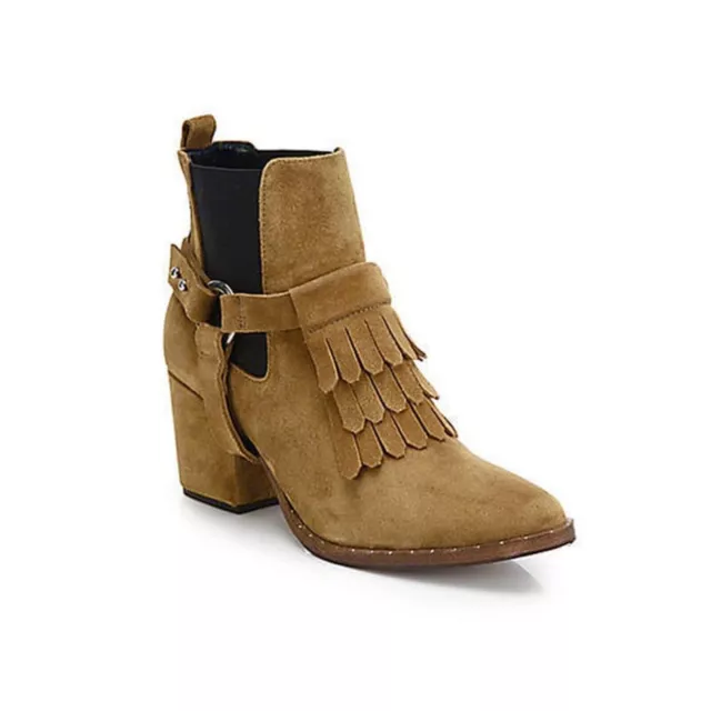 Freda Salvador Blaze Mid Heel Chelsea Boot Harness Fringe 8 Caramel Suede Kiltie 3