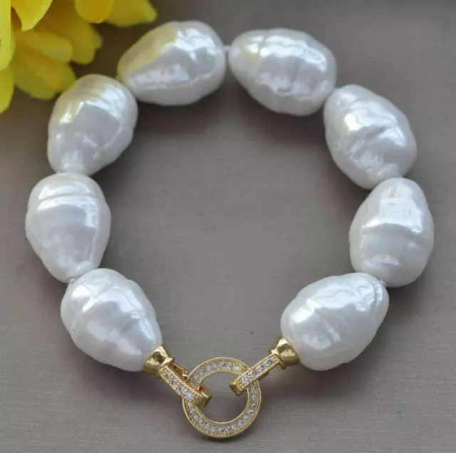 LARGE 20MM SOUTH SEA WHITE BAROQUE SHELL PEARL BRACELET 7.5 Fancy Practice