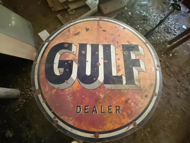 VINTAGE GULF MOTOR Oil Gas Station 2-sided Metal Advertising SIGN 5' 6 ...