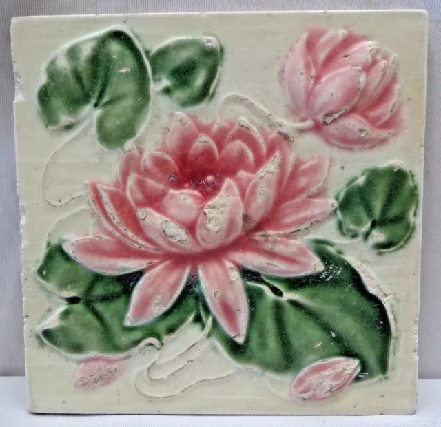 Majolica Tile Vintage Art Nouveau Ceramic Glazed Saji Japan Lotus Leaves Old#472