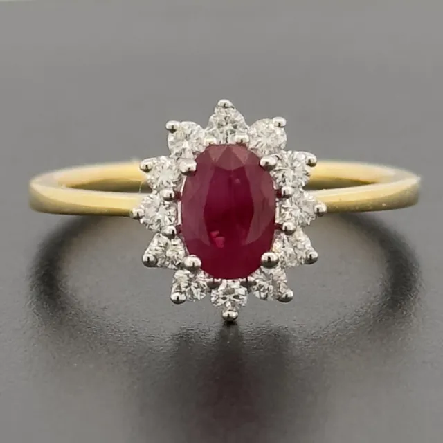 18ct Yellow Gold Ruby & Diamond Cluster Ring Size O Hallmarked