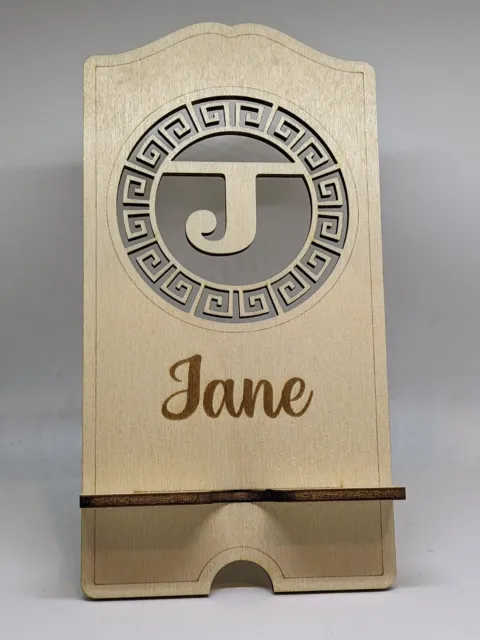 Personalized wooden mobile phone desk stand holder. A-Z . Biodegradable.