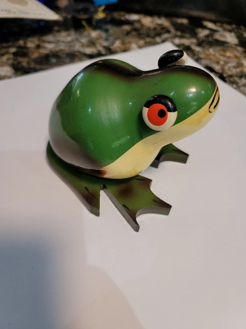 Frog wooden Bank Made In France Modele Despose Figure Googly Eyes Wood Vintage