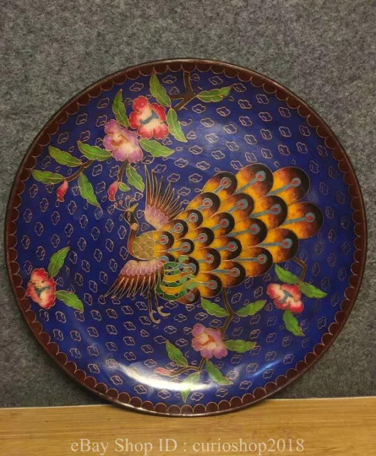 10 " China Cloisonne enamel Bronze Dynasty Peacock Bird Flower Pattern Plate