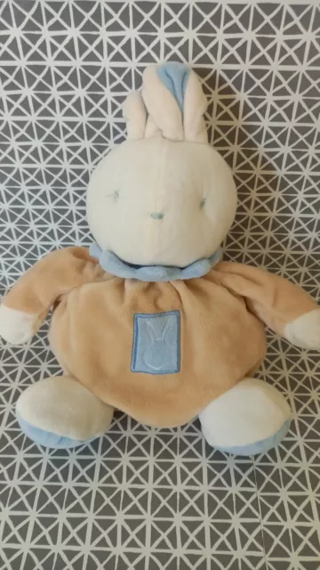 Doudou peluche  lapin boule blanc beige bleu col Klorane