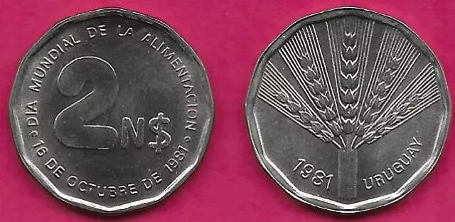 Uruguay 2 Nuevos Pesos 1981 Unc Tipo 1 Año, Día Mundial De La Comida, Tallos De Trigo Divididos D