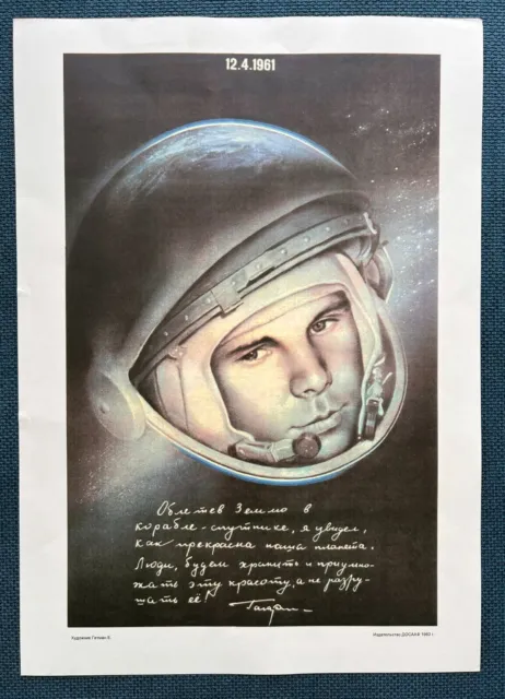 1983 Gagarin Rocket Cosmonaut Spazio Poster Originale Russo Sovietico 30x40 Raro