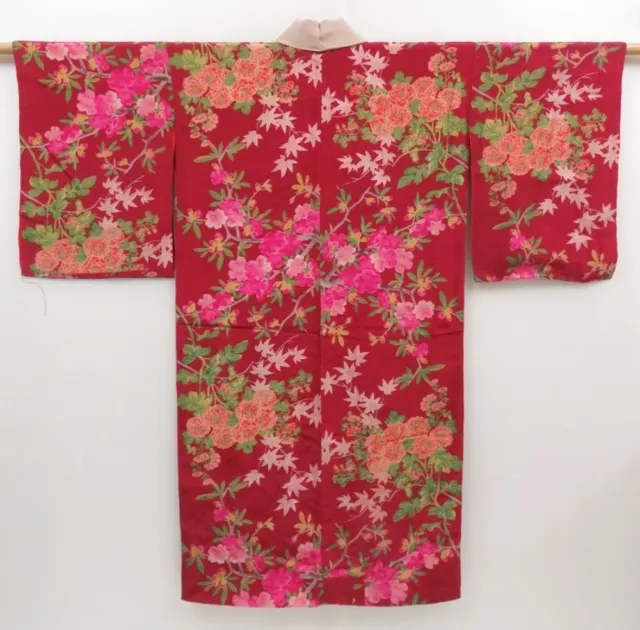 2931T07z380 Antique Japanese Kimono Silk JUBAN Sakura Wine red