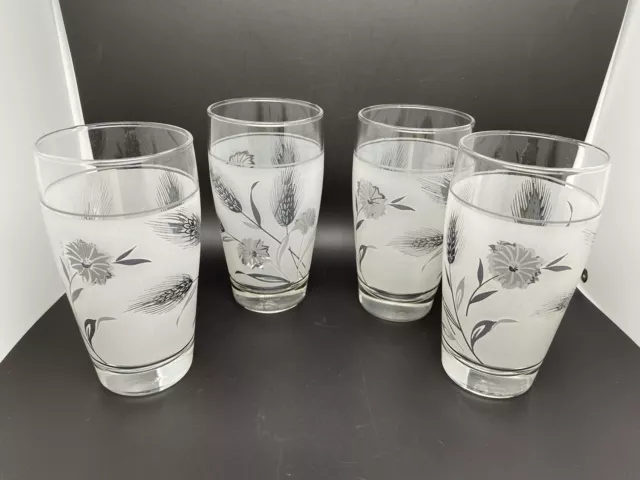 Vintage 1960's 12-Ounce Libby Frosted Silver Wheat Tumblers Glasses Set of 4