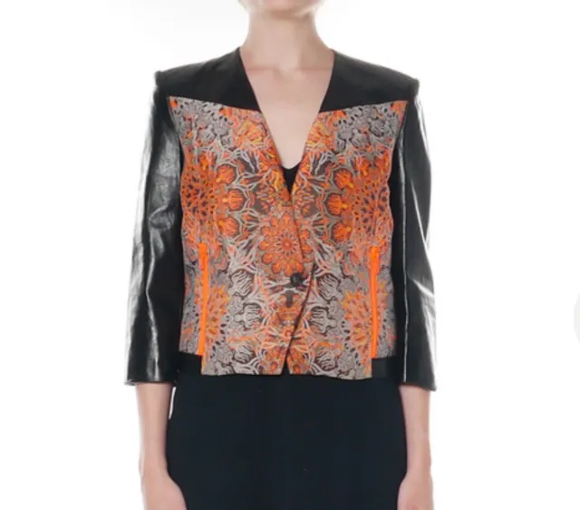 HELMUT LANG Medallion Boxy Jacquard Blazer Jacket Leather Sleeves Size 8  -