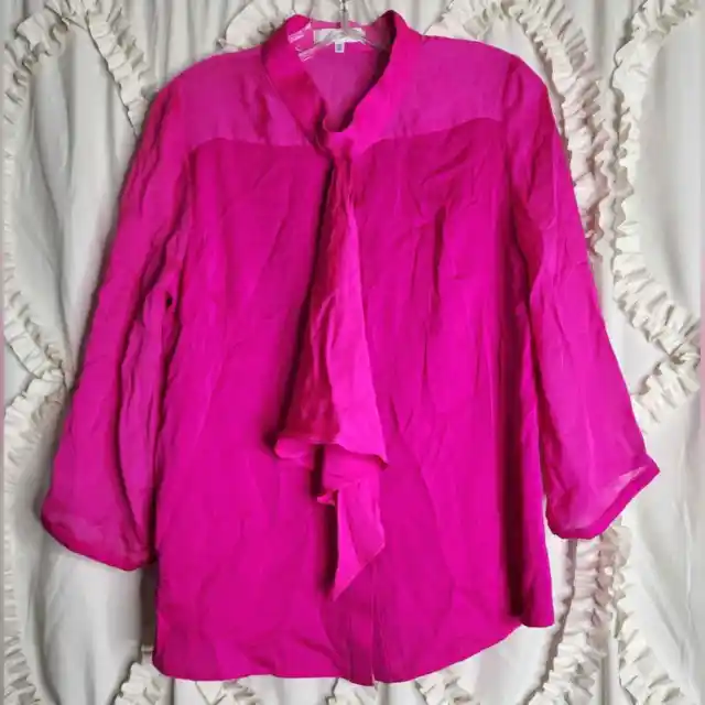 Milly Silk Pink Fuchsia Ruffle Detail Button Up Blouse Top Size 10