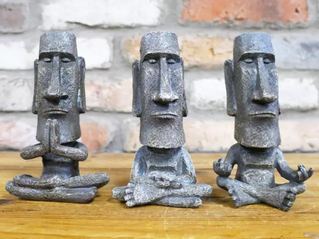 Easter Island Heads x3 Meditating Yoga Stone Effect Iconic Figures Resin 15cm