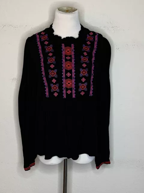 Rebecca Minkoff Womens Embroidered Blouse Floral Top Pullover Boho Black Sz L