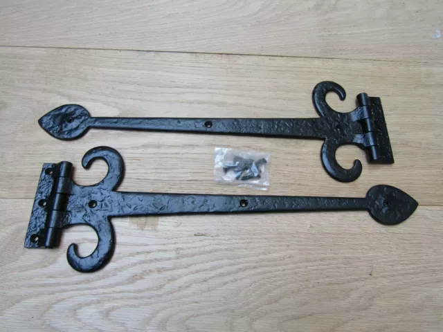 Pair Of 14" Cast Iron Spear Head With Curls Door Gate Tee Hinge Black Antique