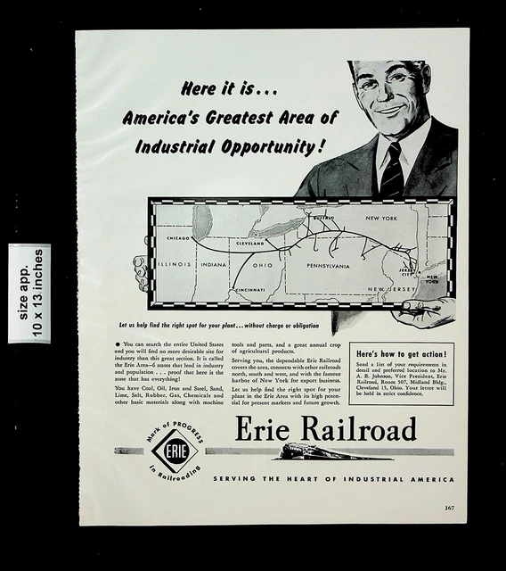 1949 Erie Railroad Industrial Map Vintage Print Ad 27075