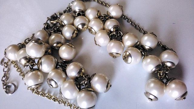 J.CREW Large Faux Pearl Bauble Gold  tone Chain Statement Necklace in used condi