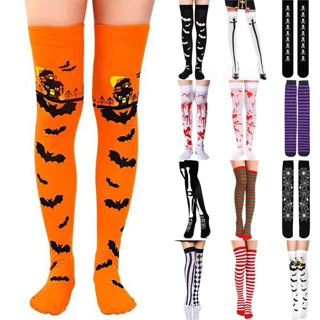 Over The Knee High Long Socks Skulls Skeleton Bats Spider Halloween Stockings UK