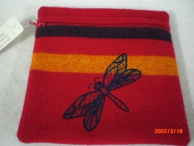 Dance Regalia Bag, Red 3 Band Broadcloth, Embroidered Dragonfly, Lined