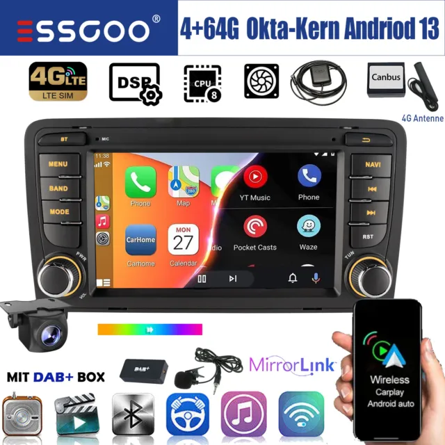 DAB+ Android 13 4+64G Carplay Autoradio GPS Navi WIFI +KAM Für Audi A3 S3 RS3 8P