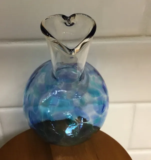 Crackle Glass Bud Vase Hand Blown Art Glass Blue Splatter Miniature 5” Heart Top