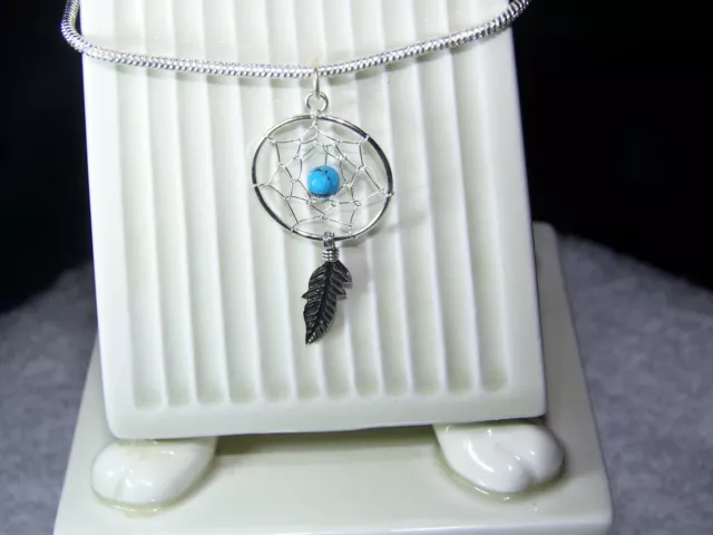 Sterling Silver 1 feather Dream Catcher & Turquoise necklace, 16-30 inch.