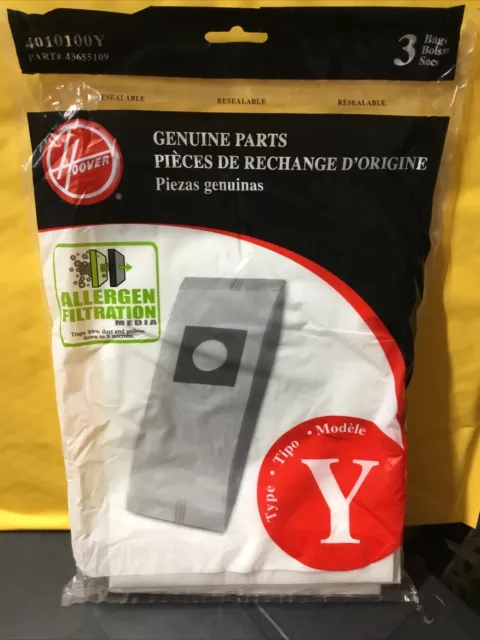 Hoover Type Y Allergen Filtration Vacuum Bags 3 Pack 43655109 New Sealed