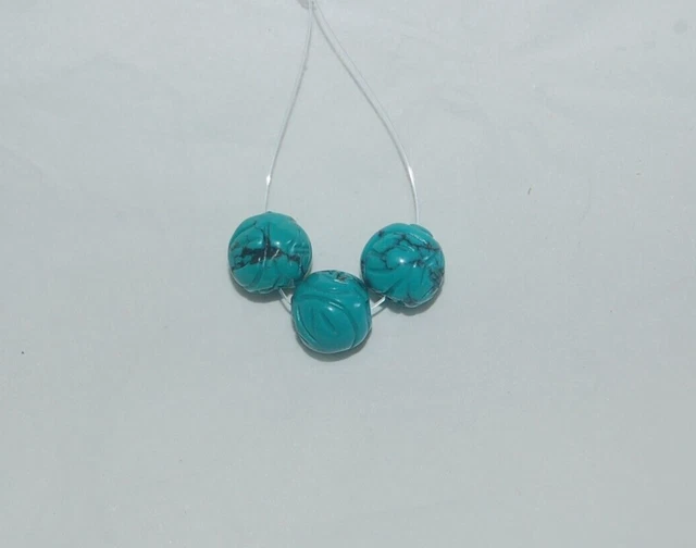Three (3) Carved Ma'anshan  Red Skin Turquoise 9.5Mm Longevity Shou Beads - 5656