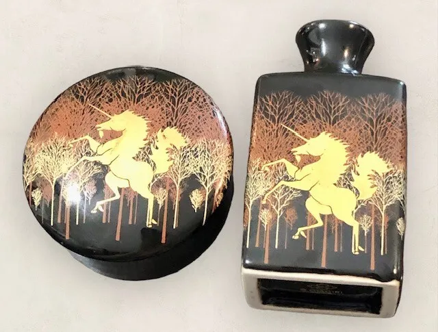 Otagiri Japan black gold unicorn bud vase & trinket box vintage