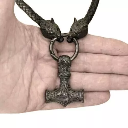 Men's Silver Stainless Steel Norse Viking Wolf &Thor Hammer Pendant Necklace