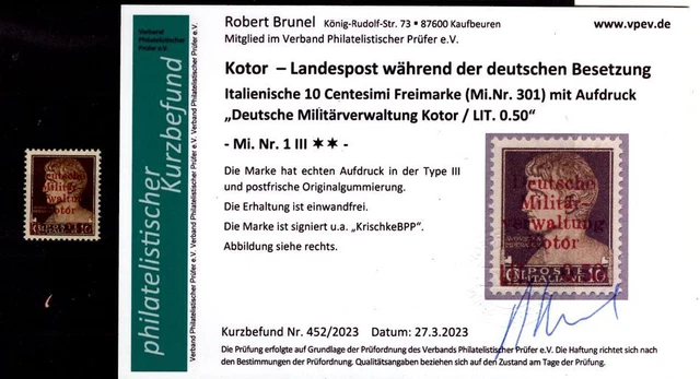 Kotor 1III tadellos ** POSTFRISCH+gepr. Befund 180EUR (L9239