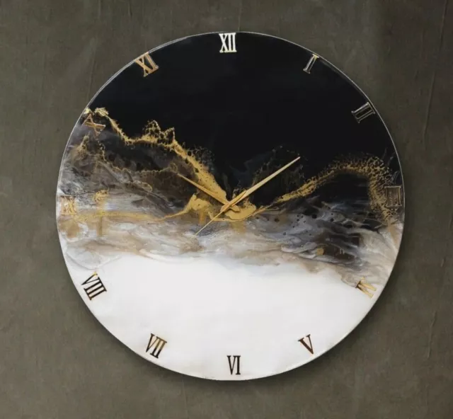 Resin Wall Clock for Home Decor Black and Golden Abstract modern design